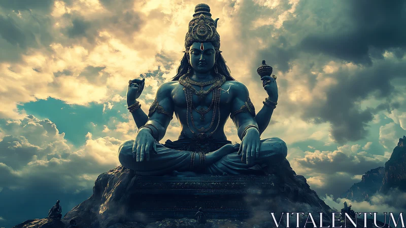 Colossal meditative deity rendered in atmospheric digital chiaroscuro.