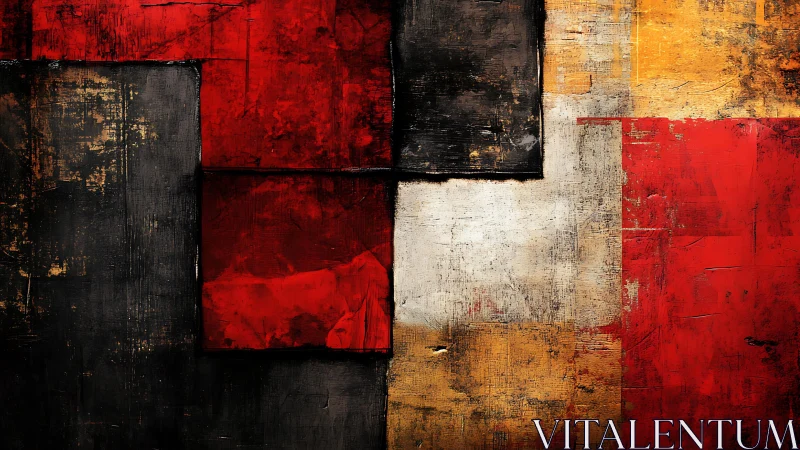 Bold Abstract Geometric Painting with Red, Black, and Gold Blocks.