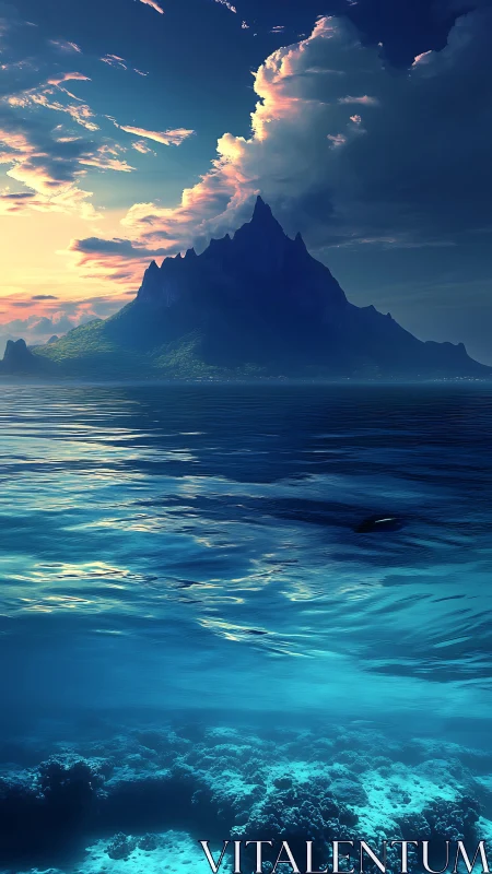 Sunlit island peak above luminous reef and deep sea.