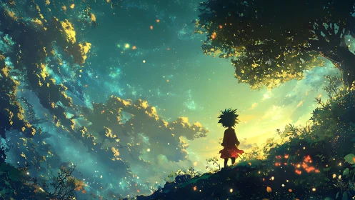 Stargazing child beneath glowing twilight forest sky.