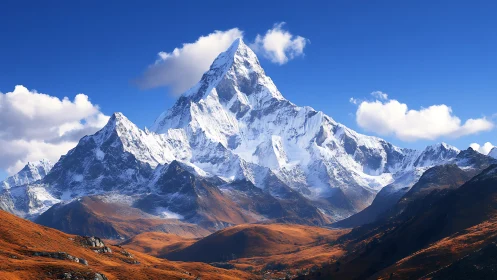 Snowcapped alpine peak over vivid autumn valley landscape.