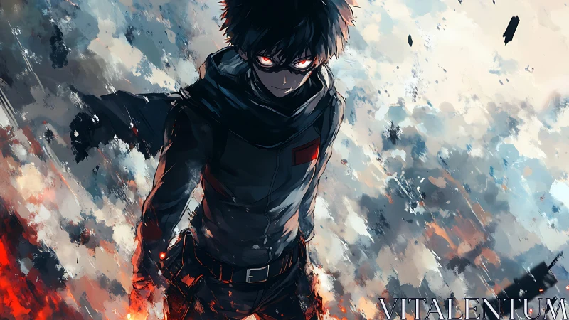 Dark anime antihero advances through abstract battlefield haze