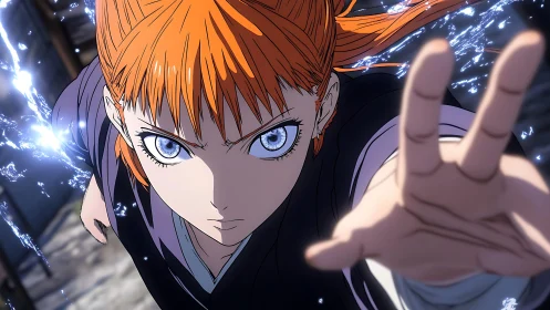 Fierce anime heroine reaches forward with vivid electric power