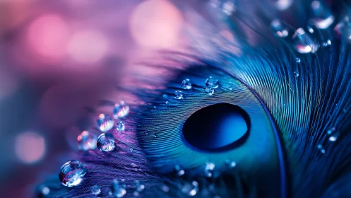Macro peacock feather close-up with vivid water droplets.