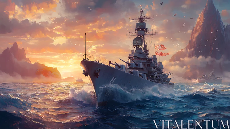 Sunlit warship cutting through storm-tossed seascape at dusk.