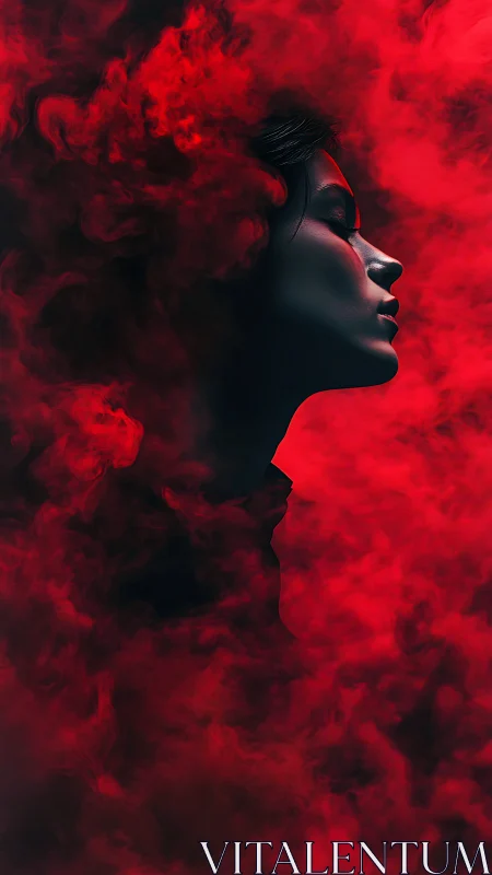 Profile silhouette of human figure within dense red smoke