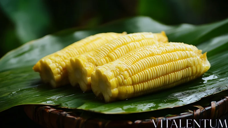 Boiled yellow corn cobs rest on a glossy green banana leaf