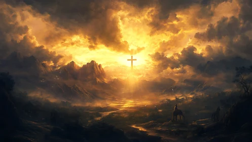 Cross-shaped light structure dominates clouded mountain valley