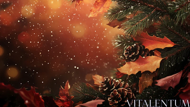 Christmas pine wreath with glowing bokeh snowfall background