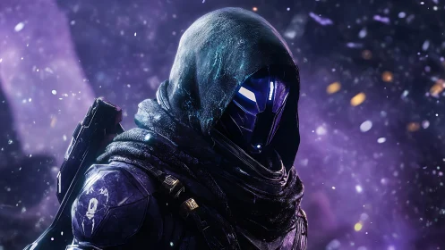 Hooded void ranger with neon helm adrift in violet storm.