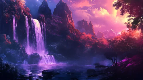 Enchanted violet waterfalls glow beneath a burning sky.