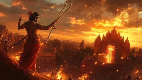 Warrior overlooks burning temple city at blazing sunset.