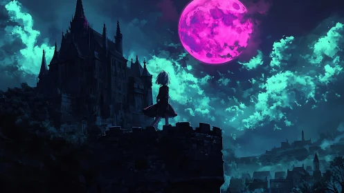 Midnight wanderer under the glowing magenta moon.
