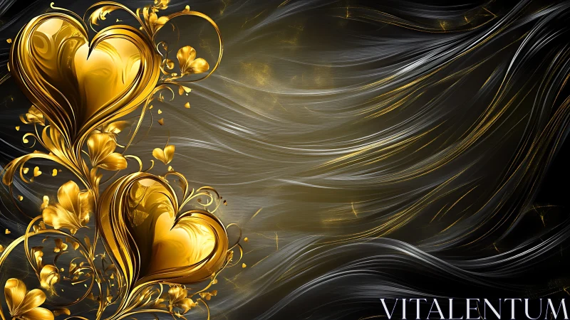 Golden Ornamental Hearts with Baroque Flourishes on Dynamic Fluid Backdrop
