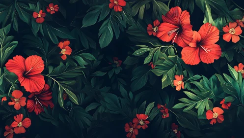 Red hibiscus flowers distributed across dark foliage background.