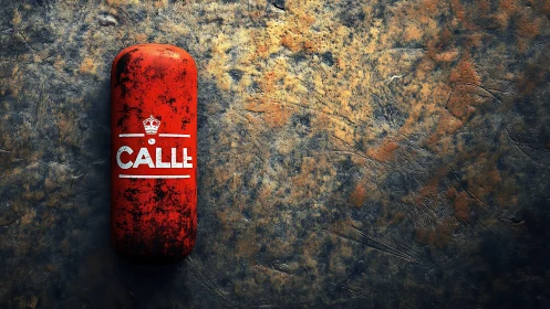 Red cylindrical object labeled CALLE on textured ground.