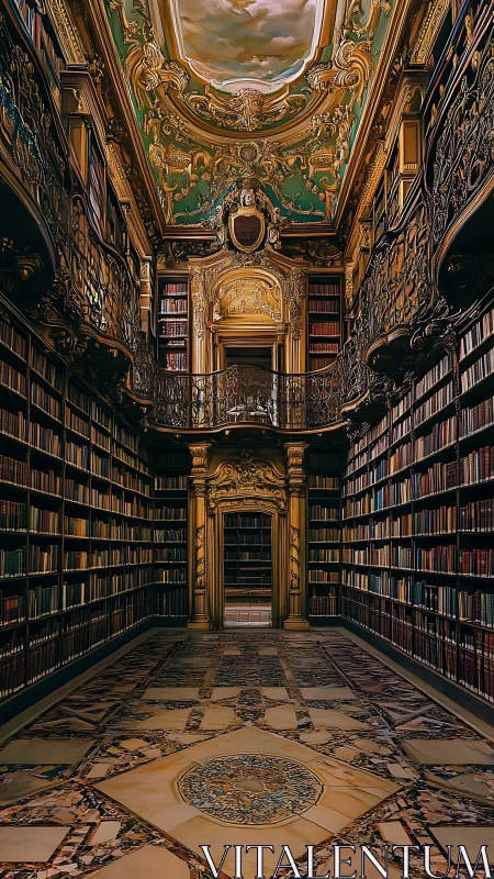 Baroque palace library corridor with gilded ceiling fresco.