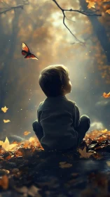 Young boy watching butterfly in soft autumn forest light.