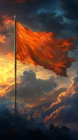 Orange flag billows on tall pole against dramatic sky.