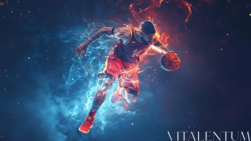 Dynamic basketball player drives ball through fire and ice energy