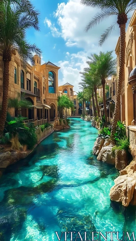 Luxury canal courtyard with turquoise water and palms.