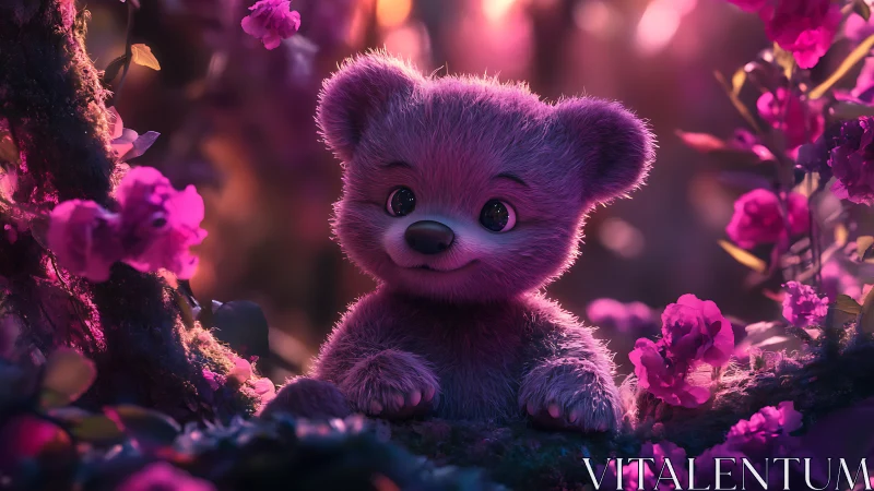 Moonlit fluffbear lounges in neon blossom fairytale grove.