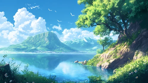 Sunlit lakeside escarpment overlooks distant verdant massif