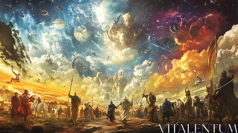 Celestial convergence of deities above mythic battlefield panorama.