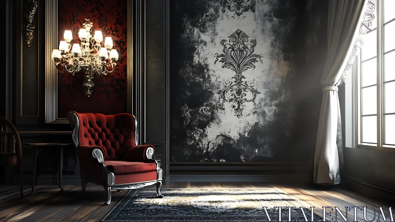 Velvet armchair beside ornate wall in moody baroque parlor.