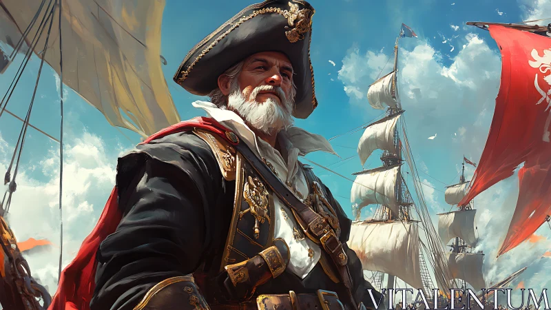 Bearded pirate captain stands on deck with tall ships behind
