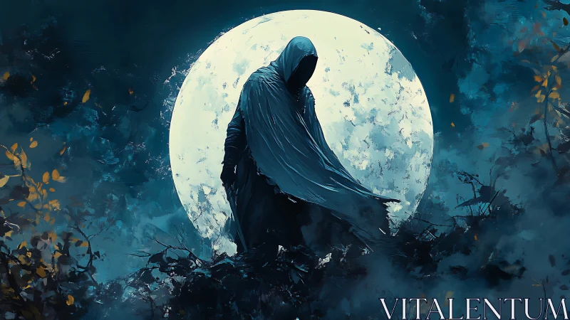 Hooded spectral figure silhouetted against high-contrast full moon