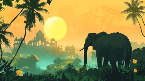 Elephant stands before domed palace at vivid tropical sunset