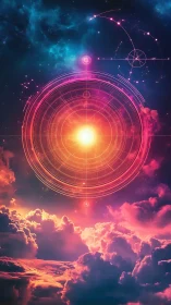 Celestial radial interface over iridescent nebula cloudscape.