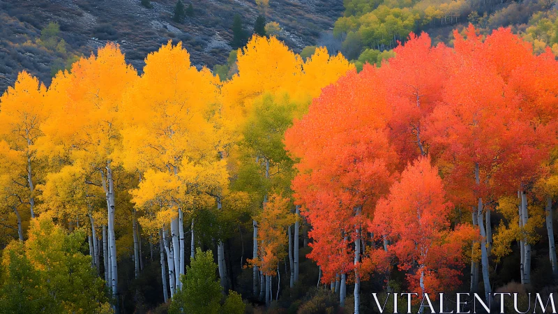 Aspen grove in peak autumn chroma contrasts against muted hillside