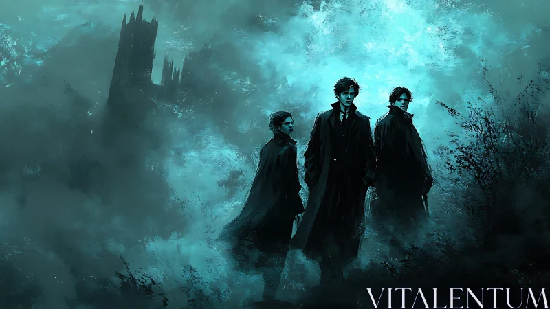 Triad of cloaked figures traverses cyan fog near ruined spires