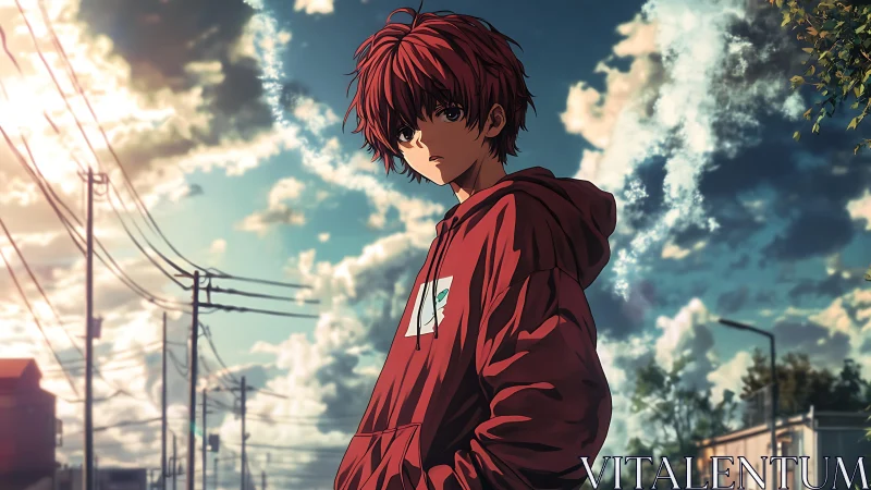 Red haired anime boy stands in hoodie under dramatic sky