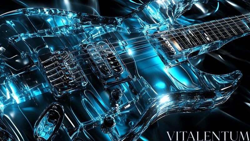 Shimmering glass electric guitar glows in vivid blue light