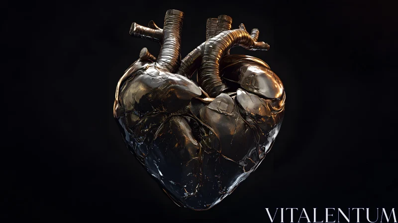 Futuristic metallic human heart sculpture in dramatic lighting.