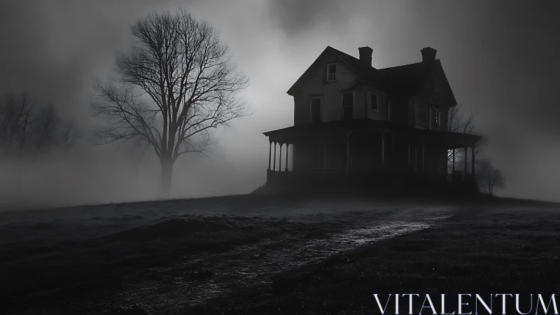 Moon-drowned farmhouse brooding in a silver-gray graveyard fog.
