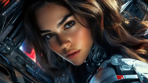 Cyborg pilot portrait with luminous gaze in cockpit close-up.