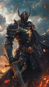 Dark armored warlord in molten sky with ember-lit sword.
