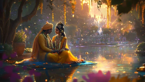 Digital painting of divine couple by luminous river garden.