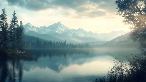 Whispering alpine lake cradles dawnlit snow-capped peaks.