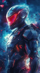 Armored cybernetic soldier in emissive exosuit amid plasma debris