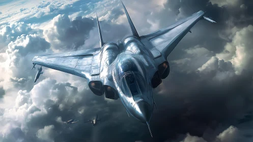 Sleek futuristic jet slicing through storm-lit cloud cover.