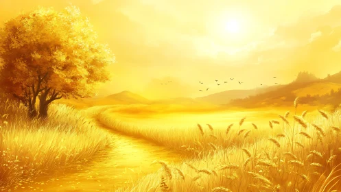 Golden rural landscape shows tree, wheat field and dirt path