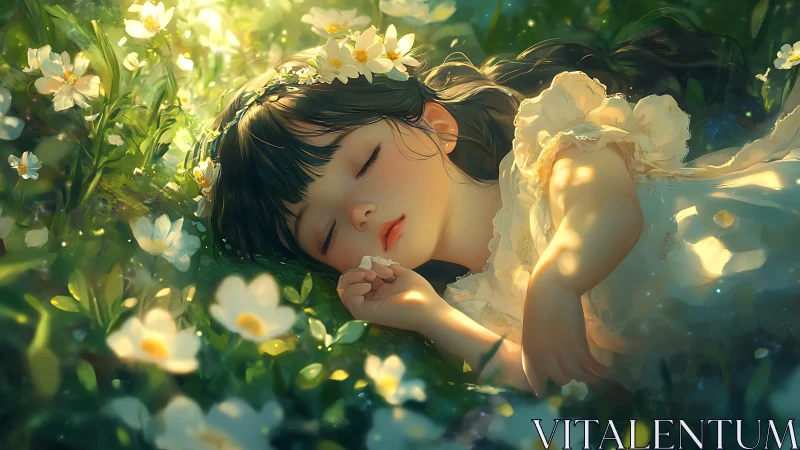 Sleeping child in sunlit wildflower meadow, soft bokeh light