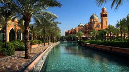 Palm-lined desert canal with domed neo-Islamic luxury resort complex