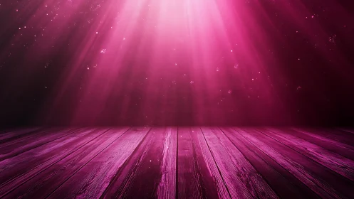 Pink wooden stage under radiant spotlight beams