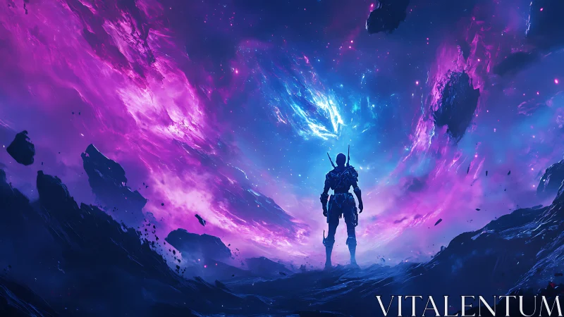 Lone armored explorer confronts swirling cosmic nebula gateway.